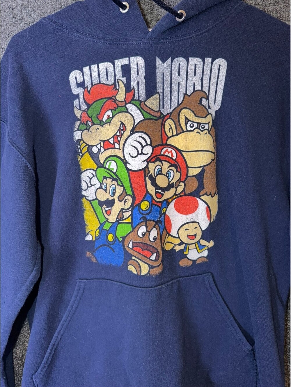 Nintendo Super Mario Character Group Graphic Pullover Hoodie Mens Small Navy Blu